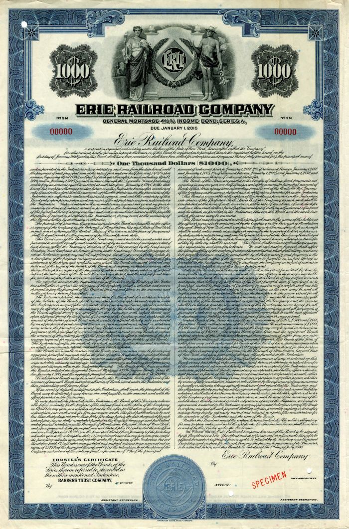 Erie Railroad Co. - Specimen Bond