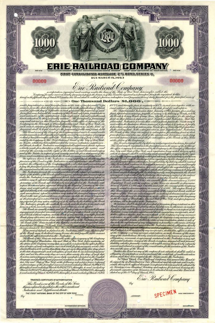 Erie Railroad Co. - Specimen Bond