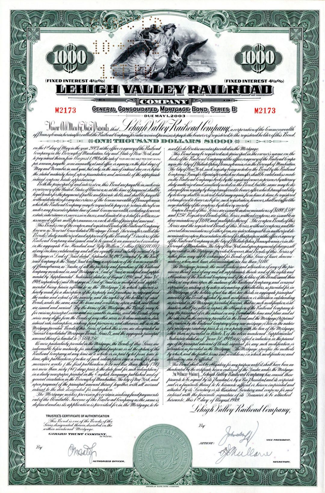 Lehigh Valley Railroad Co. - 1949 dated $1,000 Railway Bond