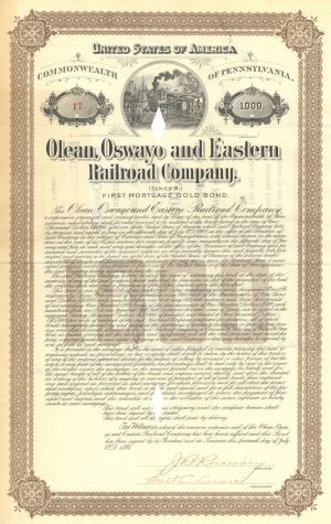 Olean, Oswayo and Eastern Railroad Co. - dated 1894 $1,000 Railway Gold Bond - Pennsylvania