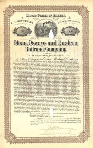 Olean, Oswayo and Eastern Railroad Co. - 1894 dated $100 Railway Gold Bond - Pennsylvania