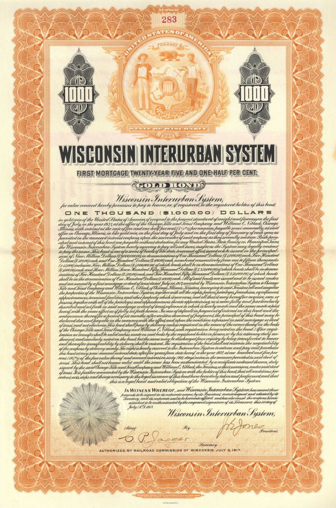Wisconsin Interurban System - $1,000 5.5% Gold Bond (Uncanceled)