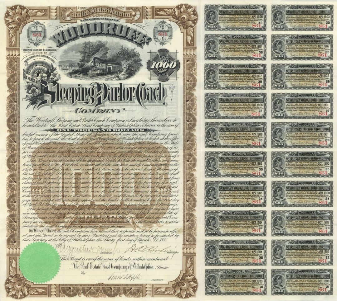 Woodruff Sleeping and Parlor Coach Co. - $1,000 - Bond (Uncanceled)