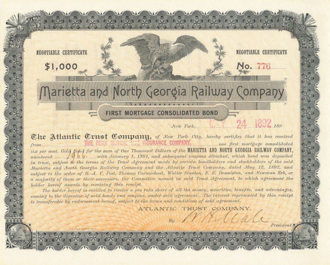 Marietta and North Georgia Railway - $1,000 First Mortgage Consolidated Bond