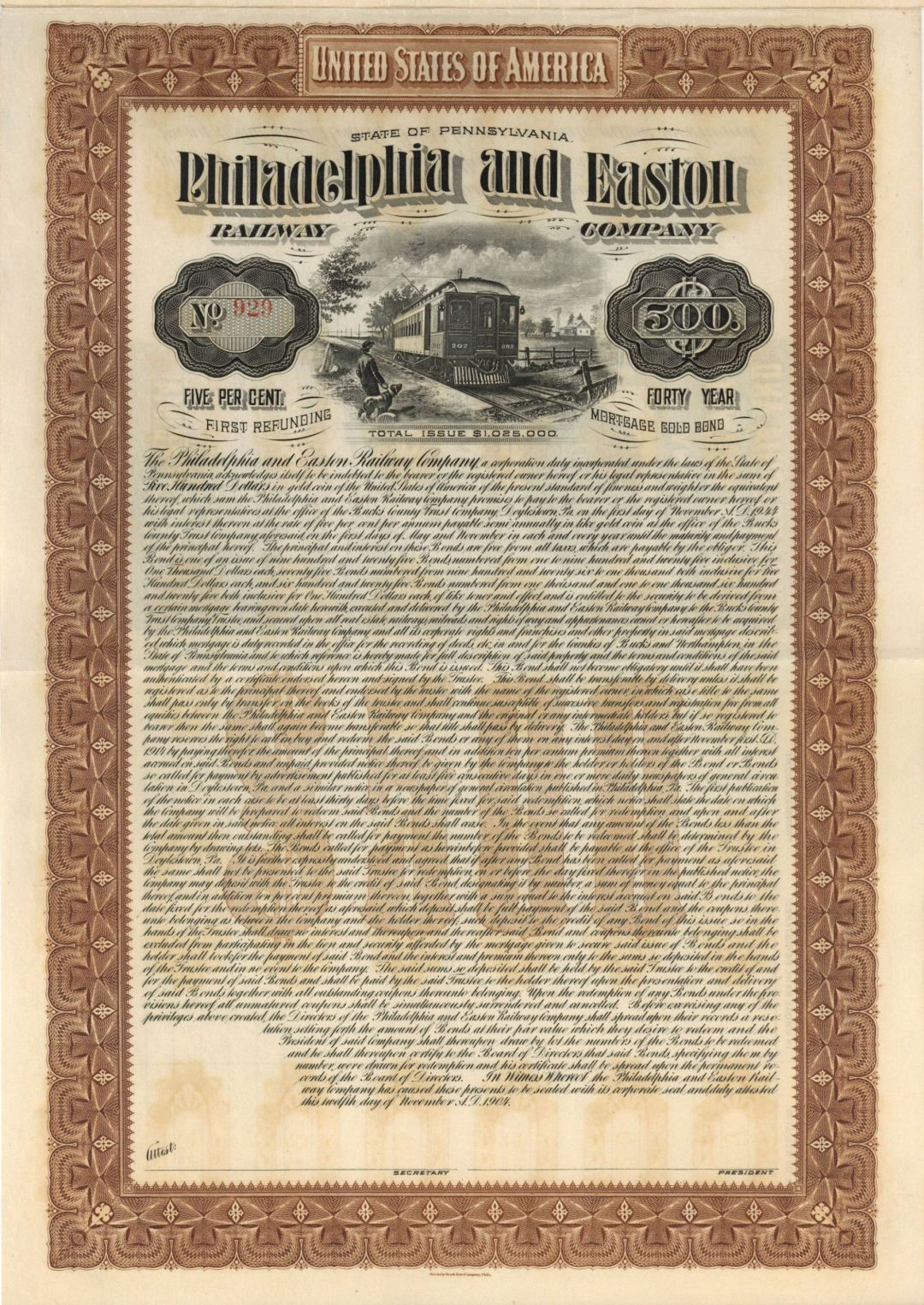Philadelphia and Easton Railway Co. - $500 1904 dated Bond