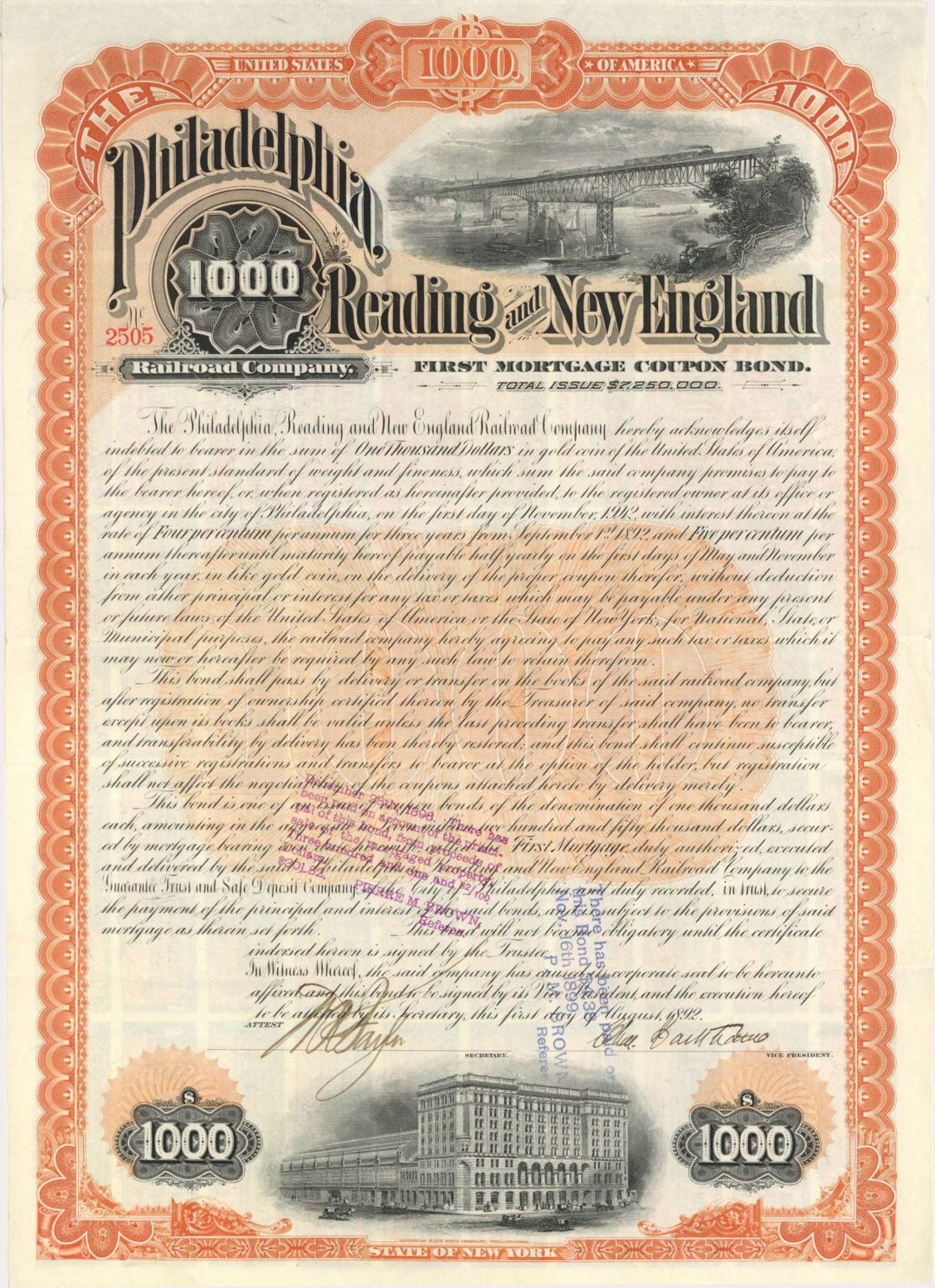 Philadelphia, Reading and New England Railroad Co. - 1892 dated $1,000 Railway Bond (Uncanceled)
