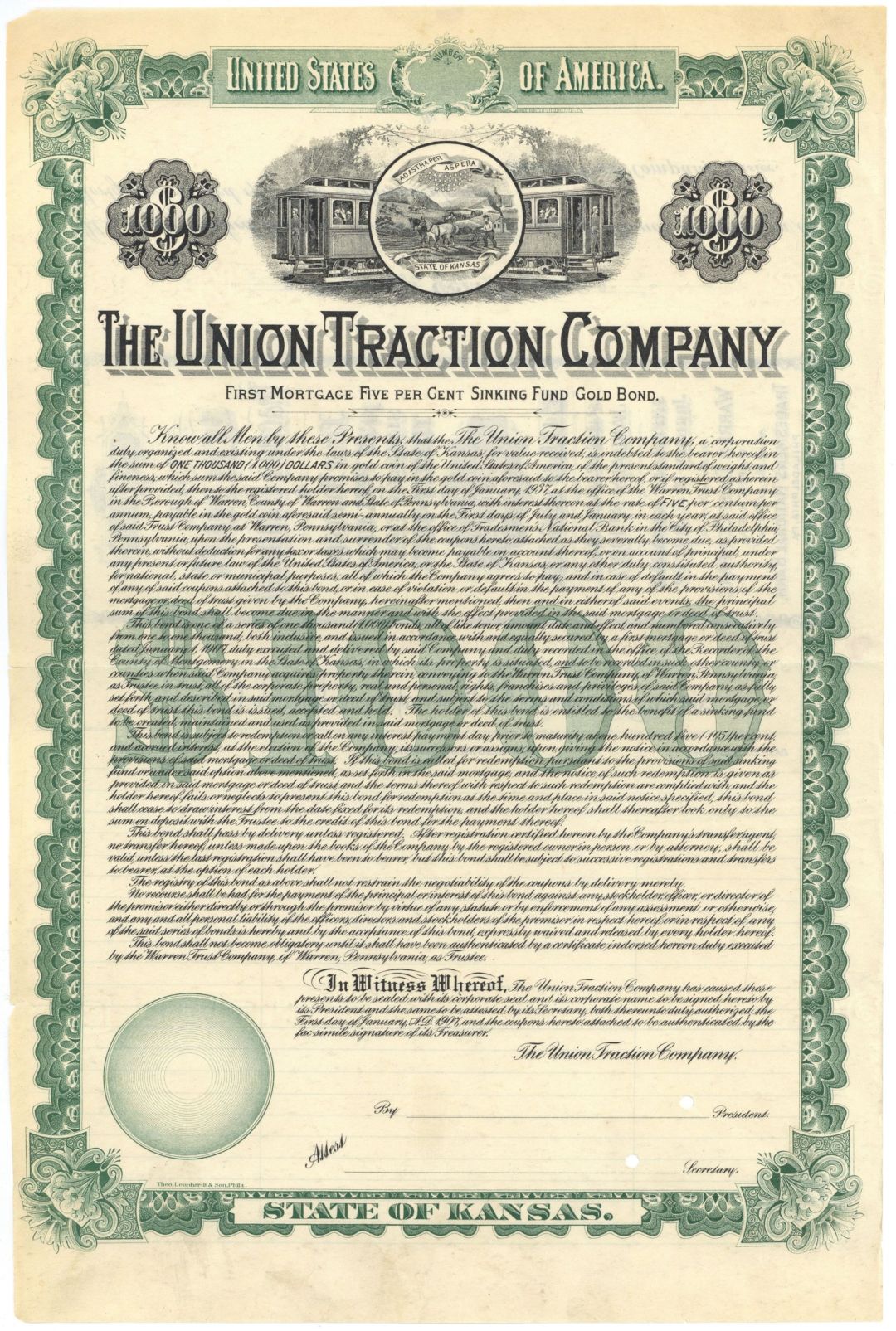 Union Traction Co. - 1907 dated Specimen $1,000 5% Railway Gold Bond - Kansas Railroad History