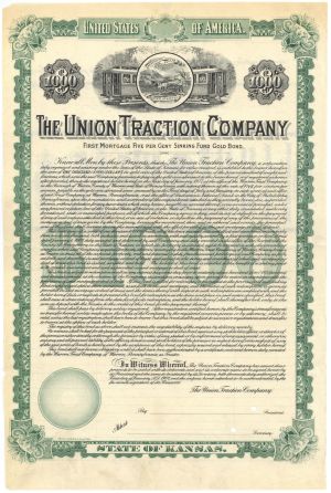 Union Traction Co. - 1907 dated Specimen $1,000 5% Railway Gold Bond - Kansas Railroad History