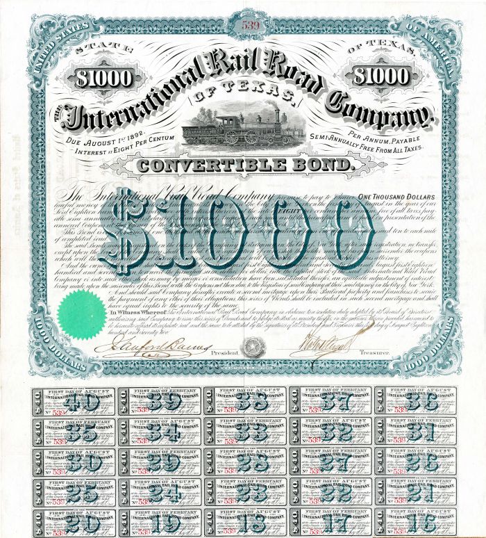 International Rail Road Co. of Texas $1,000 Uncanceled Bond signed by Galusha Grow