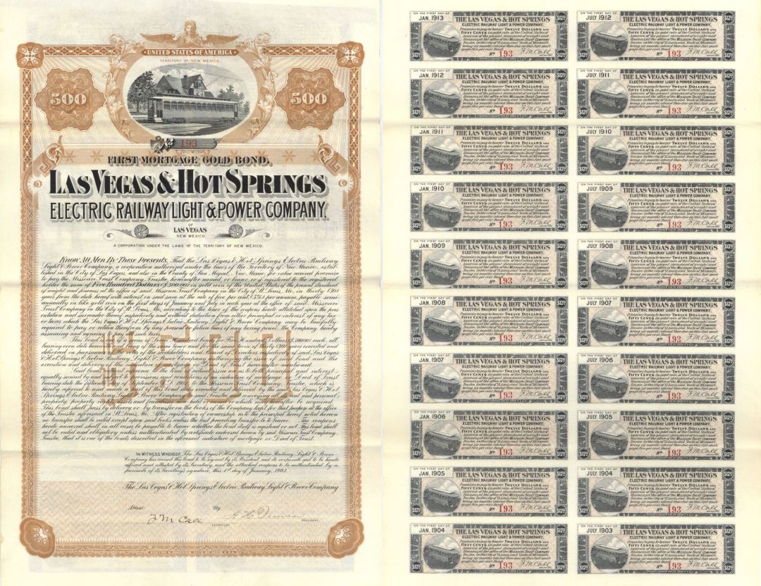 Las Vegas and Hot Springs Electric Railway Light and Power Co. - 1903 dated $500 Railroad Gold Bond - Payable in Gold Coin