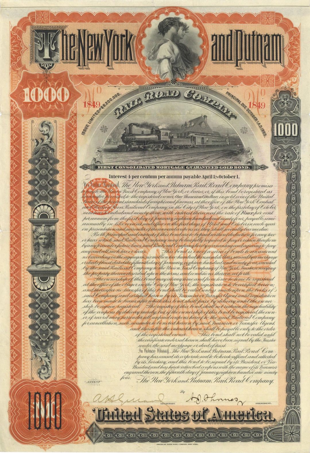 New York and Putnam Railroad Co. aka Old Put - Gorgeous Railway Bond