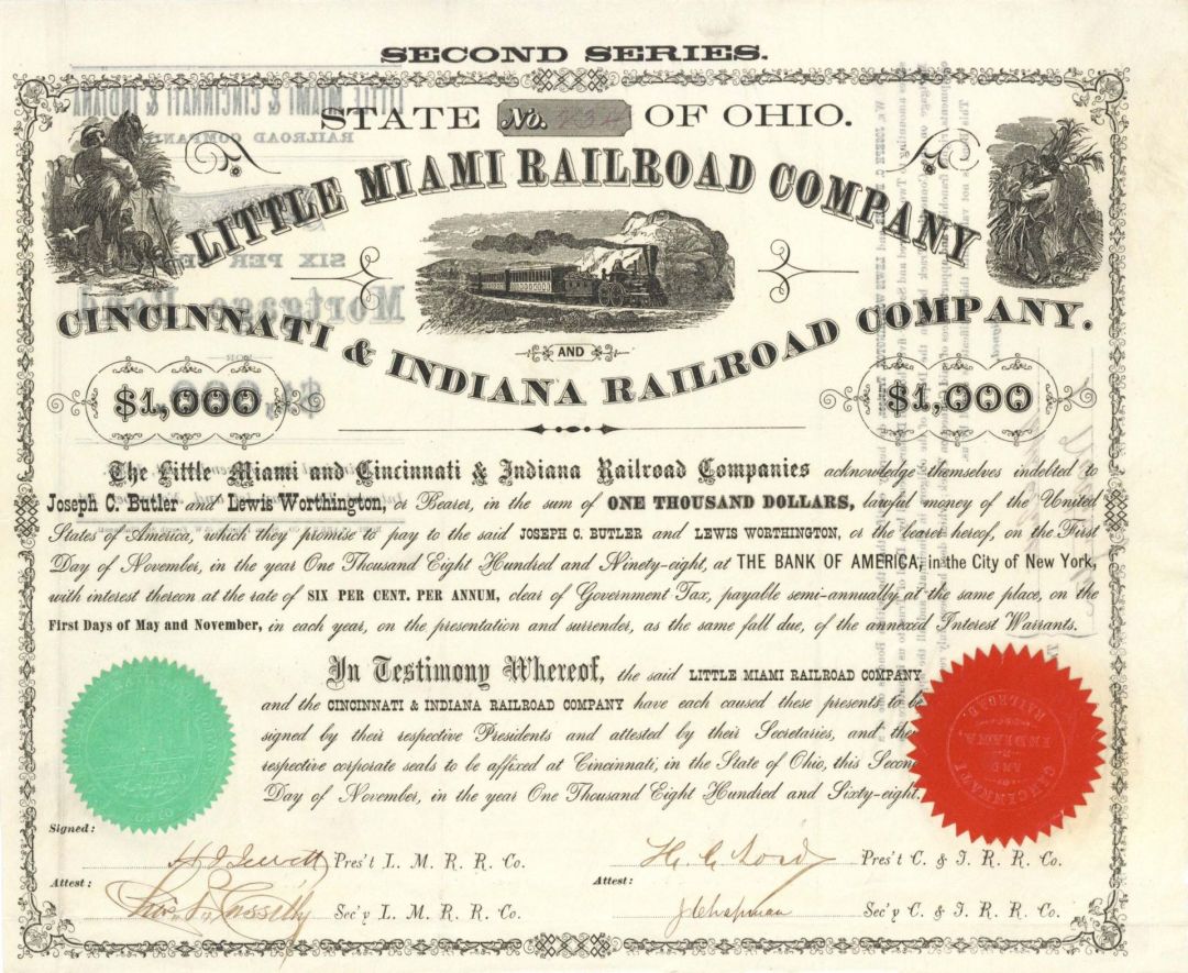 Little Miami and Cincinnati and Indiana Railroad Companies - 1868 dated $1,000 Bond (Uncanceled)