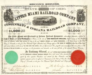 Little Miami and Cincinnati and Indiana Railroad Companies - 1868 dated $1,000 Bond (Uncanceled)