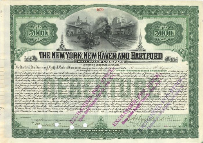 New York, New Haven and Hartford Railroad Co. - 1908 dated $5,000 Railway Bond