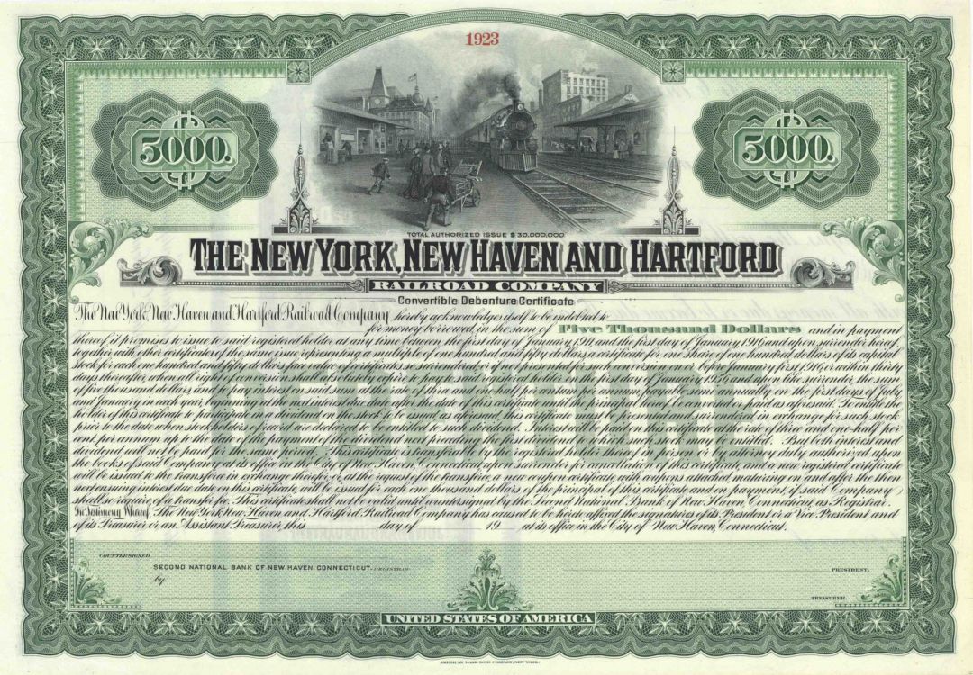 New York, New Haven and Hartford Railroad - circa 1900's Unissued Green $5,000 Railway Bond