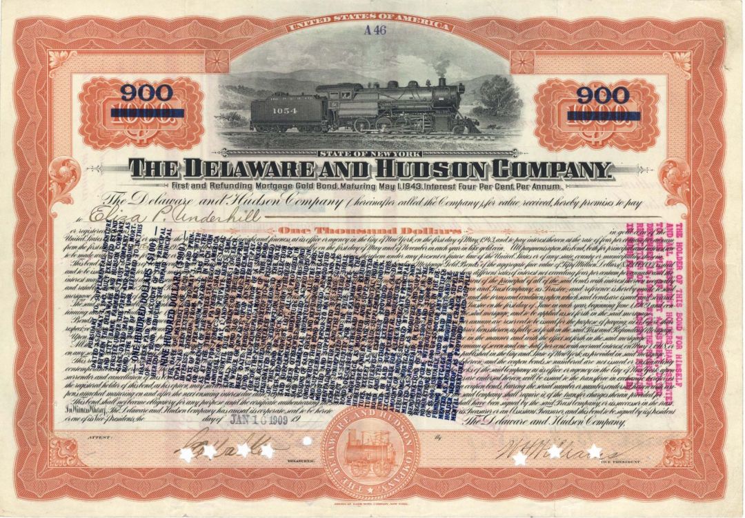 Delaware and Hudson Co. - 1909 or 1916 dated $900 Bond