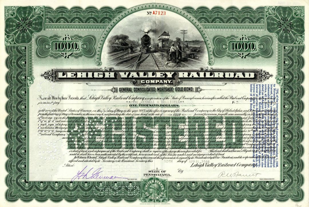 Lehigh Valley Railroad Co. - $1,000 or $5,000 Railroad Bond