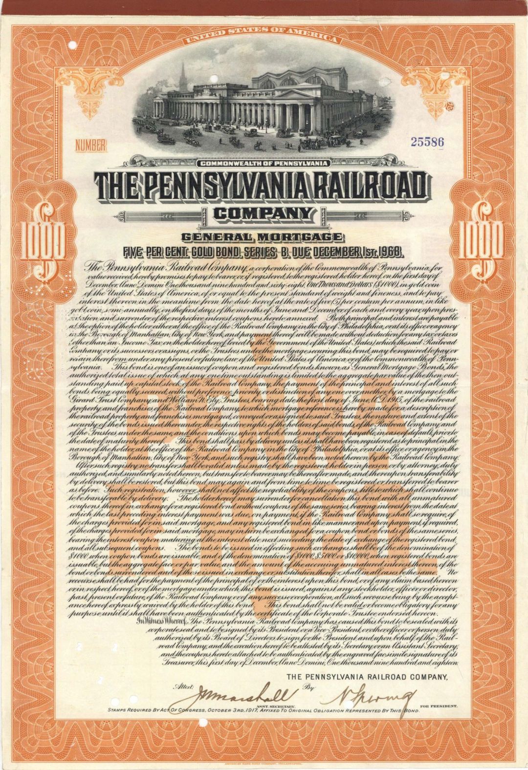 Pennsylvania Railroad Co. - Rare Type Bond - $1,000 1918 dated Railroad Bond