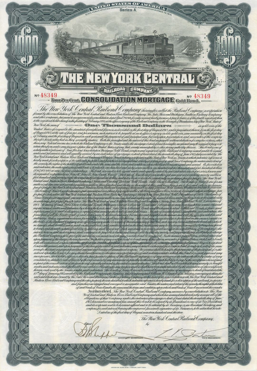 New York Central Railroad Company - 1913 dated $1,000 Railway Gold Bond