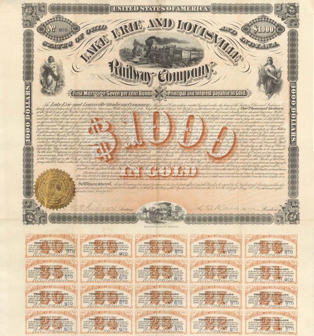 Lake Erie and Louisville Railway Co. - 1872 dated $1,000 Bond