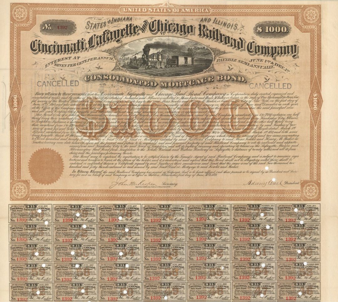 Cincinnati, Lafayette and Chicago Railroad Co. - 1874 dated $1000 Bond
