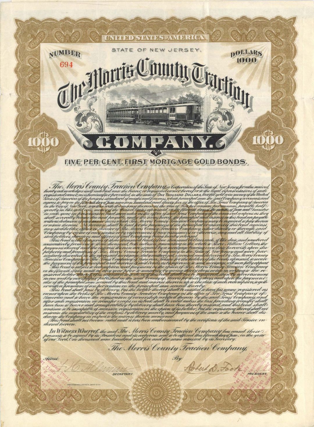 Morris County Traction Co. - 1905 dated $1,000 New Jersey Railroad Bond