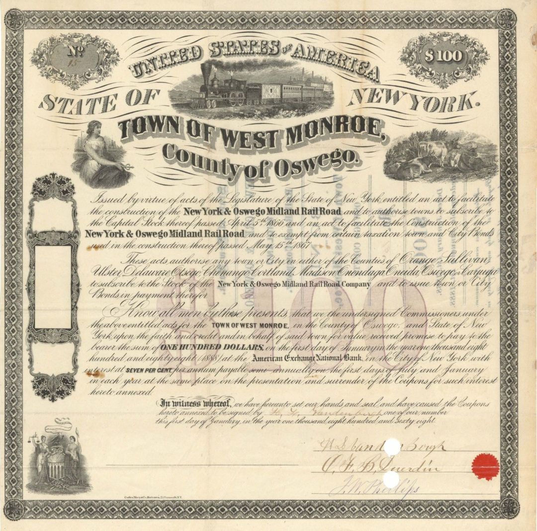 New York and Oswego Midland Railroad - 1868 dated $100 Railway Bond