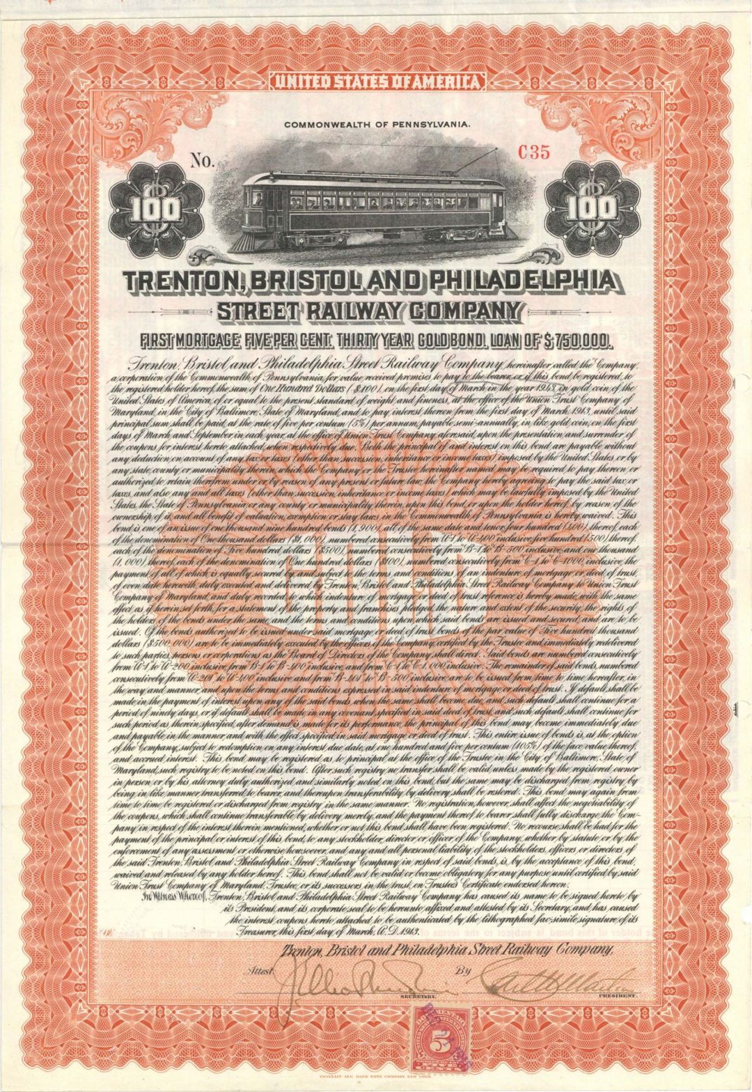 Trenton, Bristol and Philadelphia Street Railway Co. - 1913 dated $100 Bond