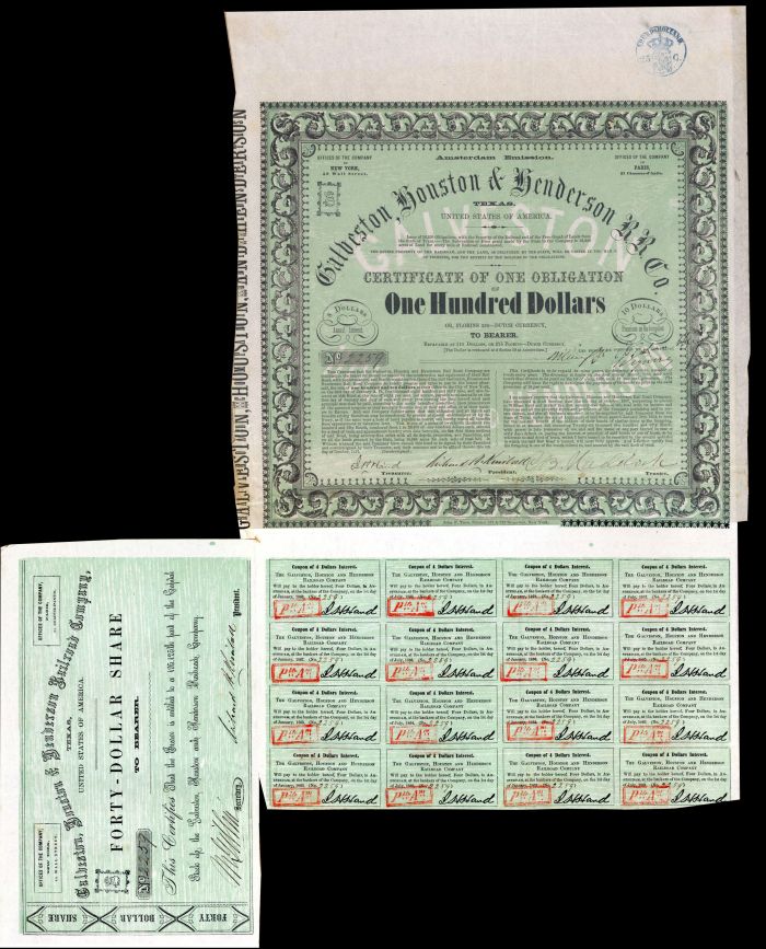 Galveston, Houston and Henderson Railroad Co. - Rare Green Type - 1857 dated $100 Uncanceled Texas Railway Bond