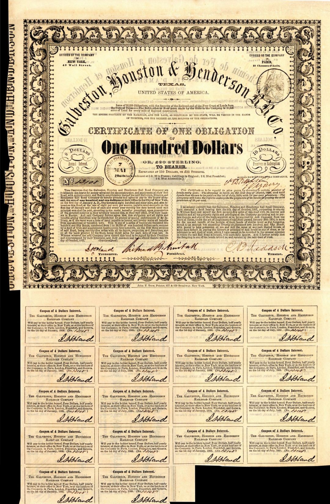 Galveston, Houston and Henderson Railroad Co. - 1857 dated $100 Uncanceled Texas Railway Bond
