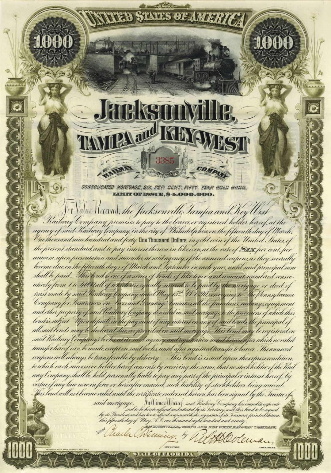 Jacksonville, Tampa and Key-West Railway - Fantastic 1890 dated $1,000 6% 50 Year Florida Railroad Gold Bond (Uncanceled)