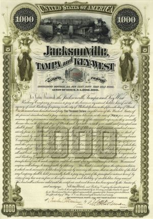 Jacksonville, Tampa and Key-West Railway - $1,000 6% 50 Year Gold Bond (Uncanceled)
