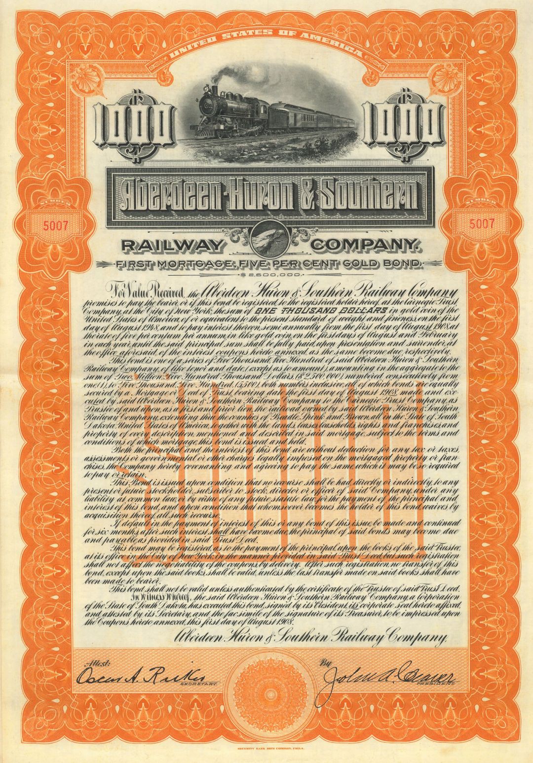 Aberdeen Huron and Southern Railway Co. - 1908 dated Railroad Gold Bond (Uncanceled)