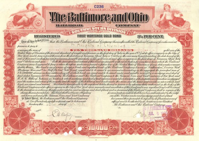 Baltimore and Ohio Railroad Co. Issued to Knights of Columbus - Bond