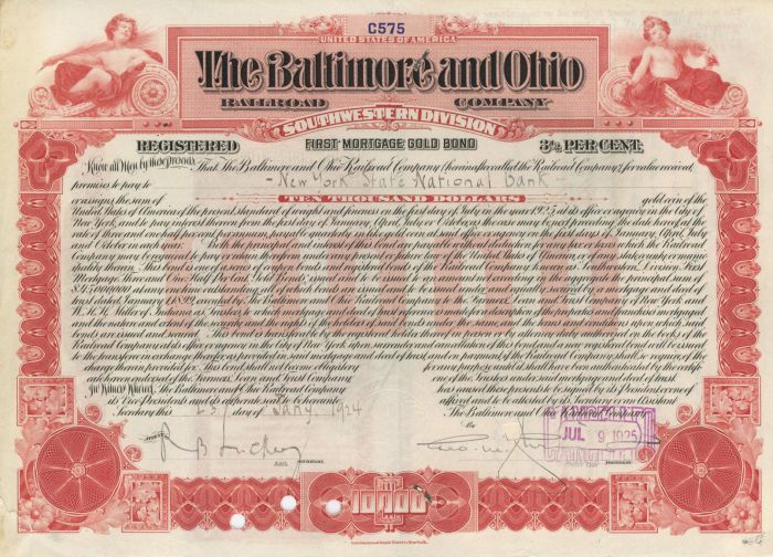 Baltimore and Ohio Railroad Co. Issued to Various Banks - $10,000 Bond