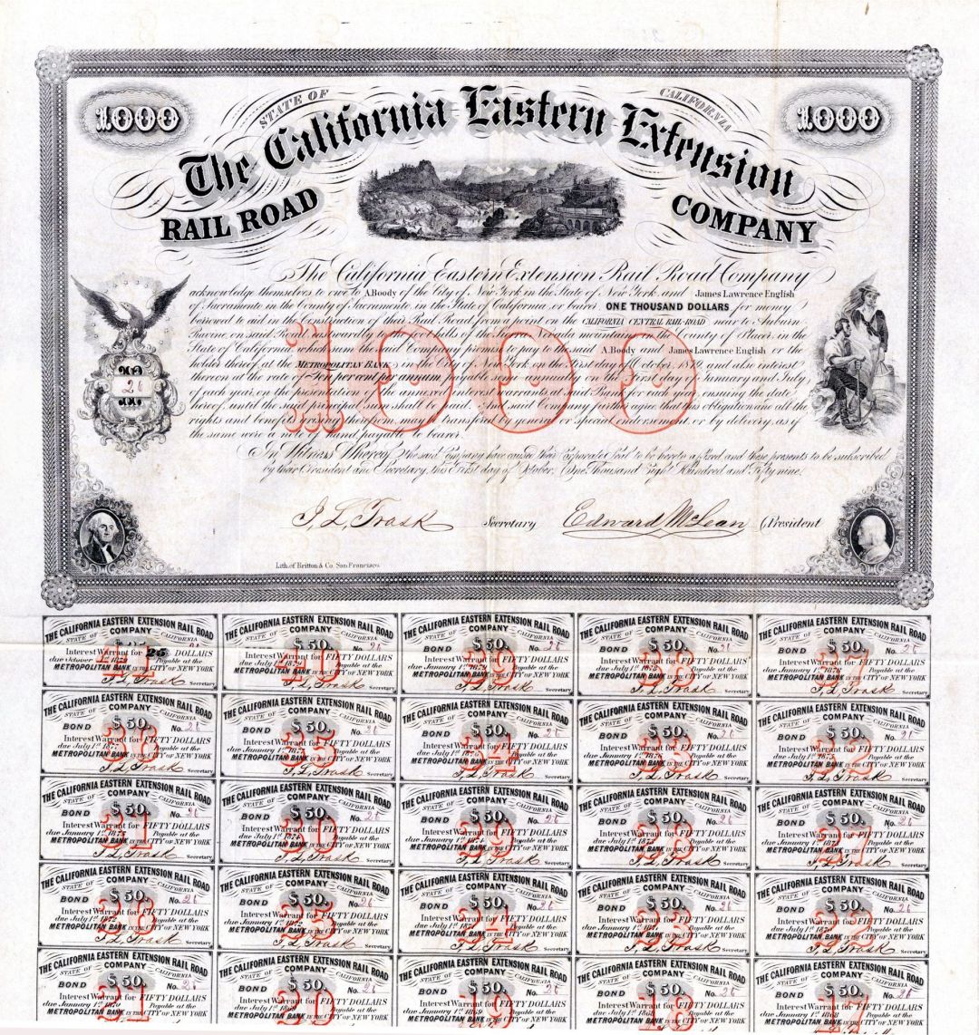 California Eastern Extension Railroad Co. (Uncanceled) - $1,000 1859 dated Bond