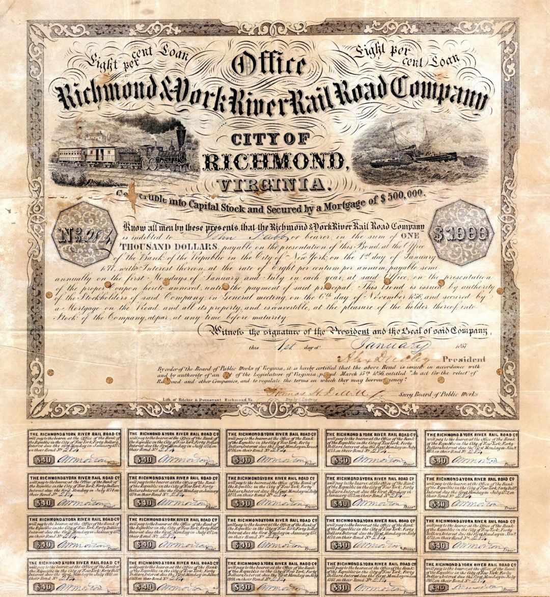 Richmond and York River Rail Road Co. - $1,000 Bond