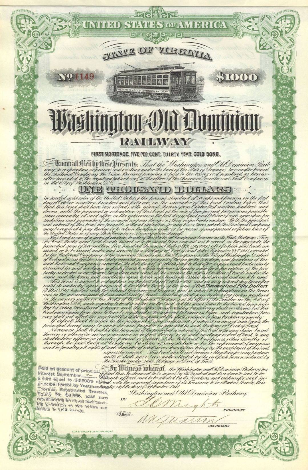 Last One! - Washington and Old Dominion Railway - 1911 dated $1,000 Uncanceled Railroad 30 Year Gold Bond