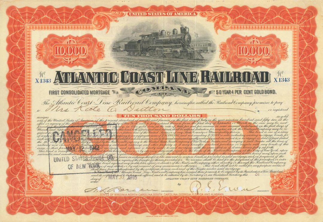 Atlantic Coast Line Railroad Co. - $10,000 Bond