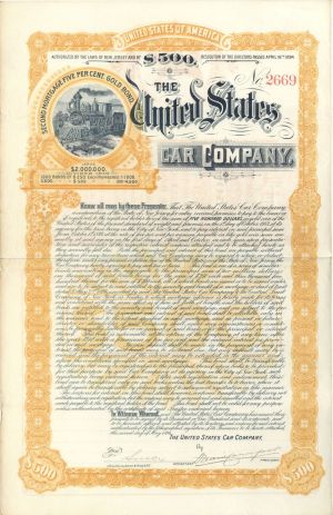 United States Car Co. - 1894 dated Railway Gold Bond - Gorgeous Railroad Bond