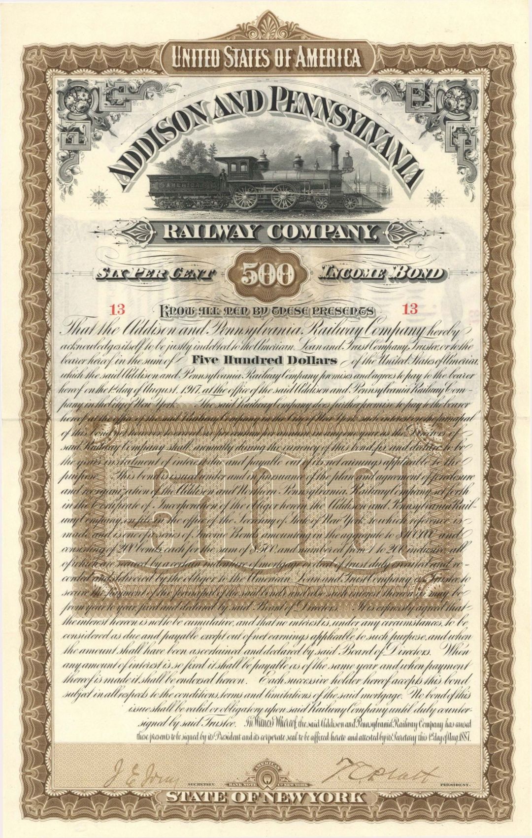 Addison and Pennsylvania Railway Co. (Uncanceled) - 1887 dated $500 Bond