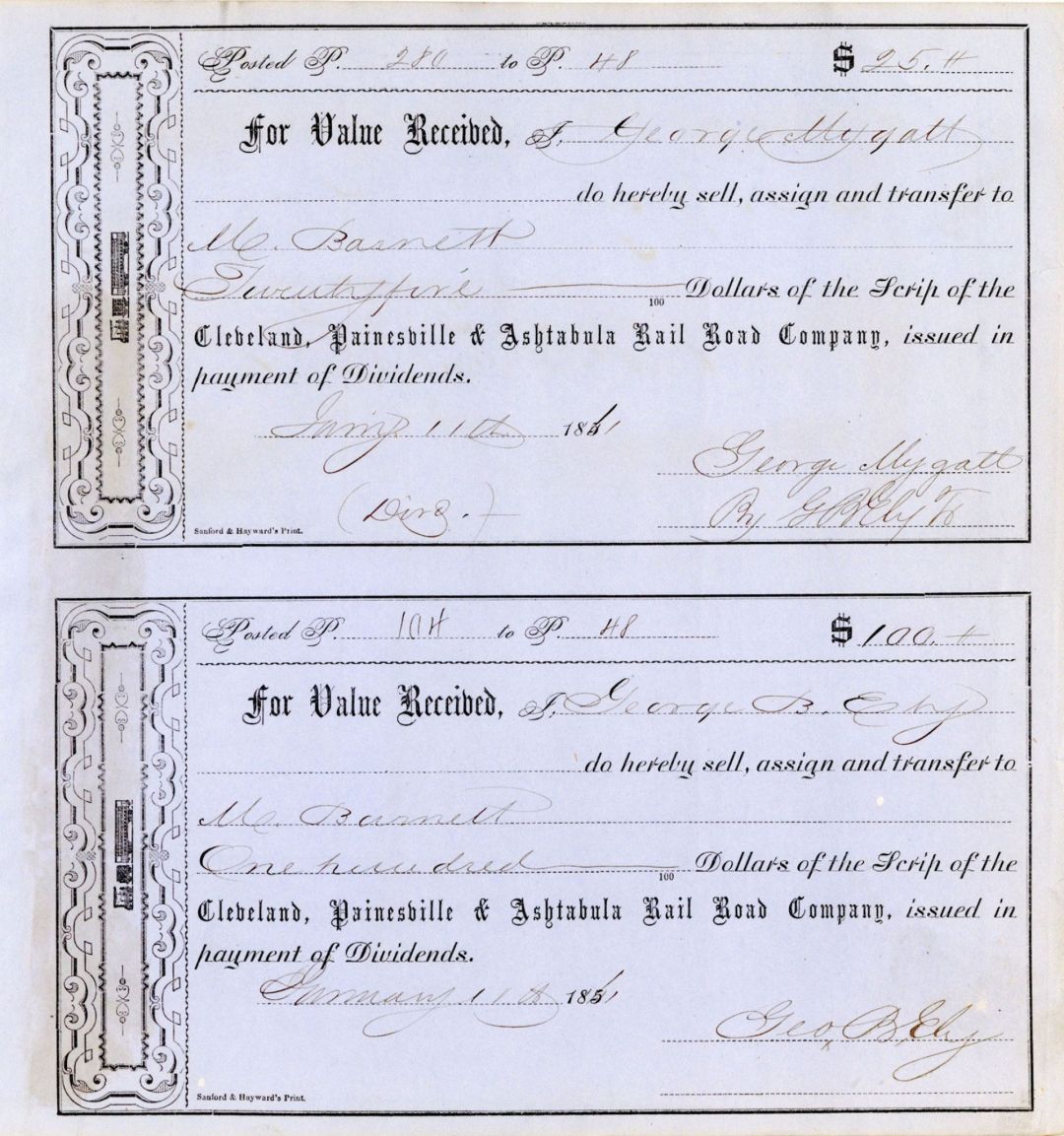 Cleveland, Painesville and Ashtabula Rail Road Co. - Railway Stock Transfer Pair