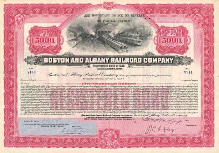 Boston and Albany Railroad Co. - 1928 dated $5,000 Railway Improvement Bond