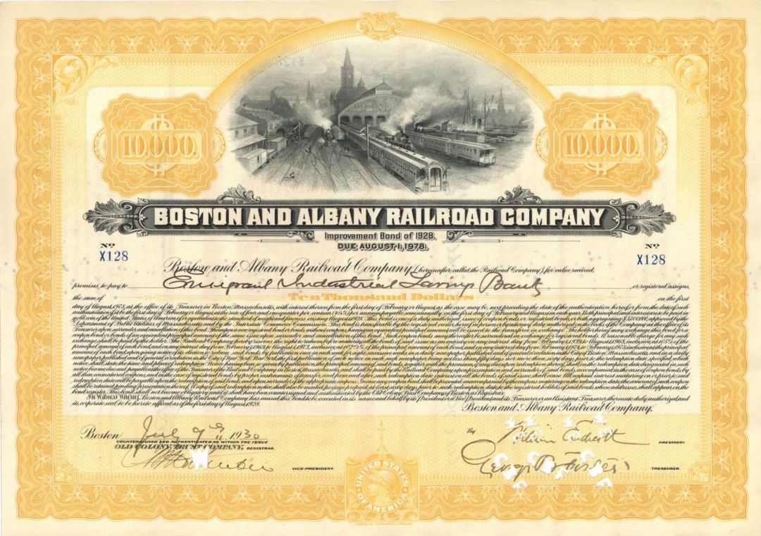 Boston and Albany Railroad Co. - 1930 dated $10,000 Railway Improvement Bond