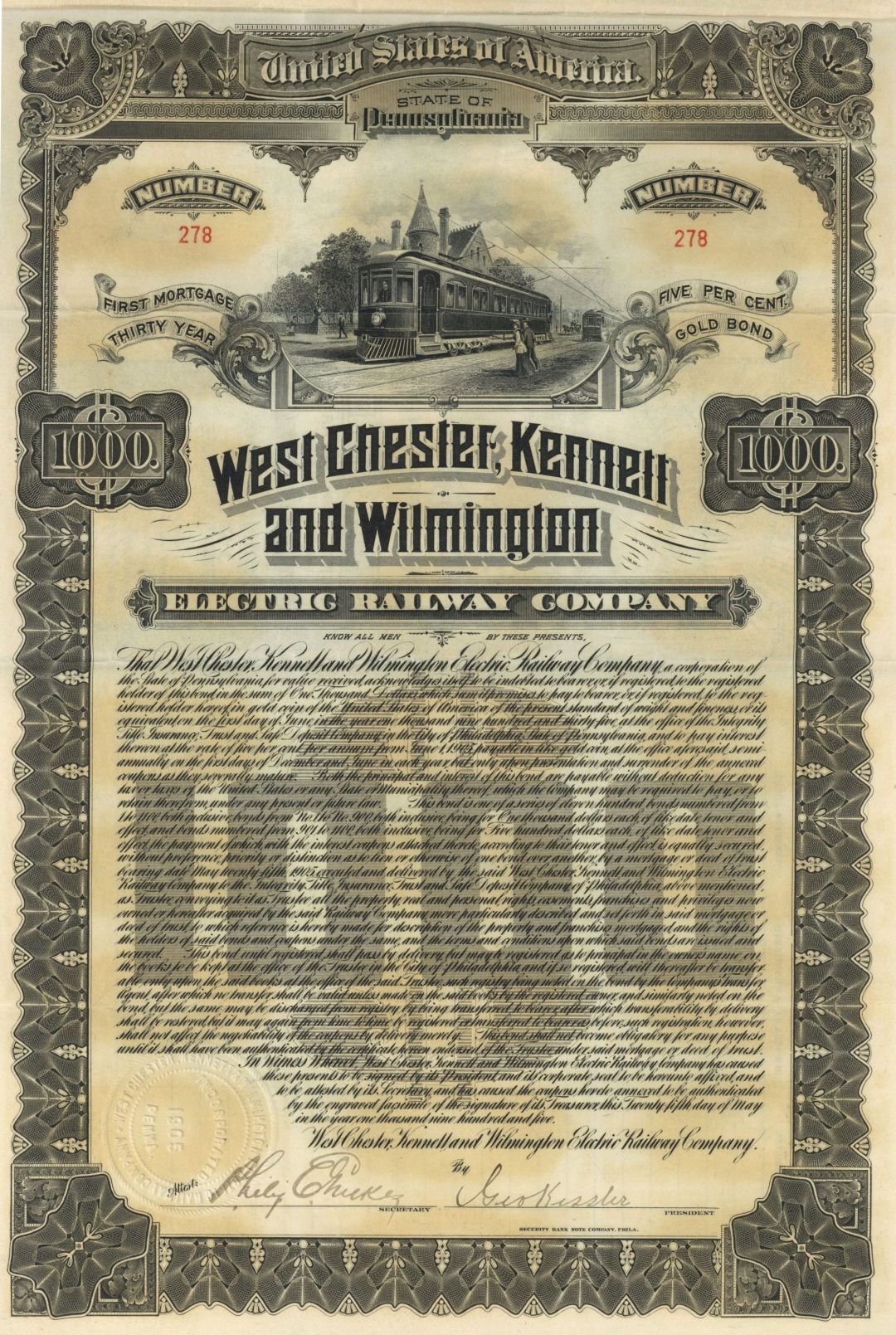West Chester, Kennett and Wilmington Electric Railway Co. - 1905 dated $1000 Railroad Bond