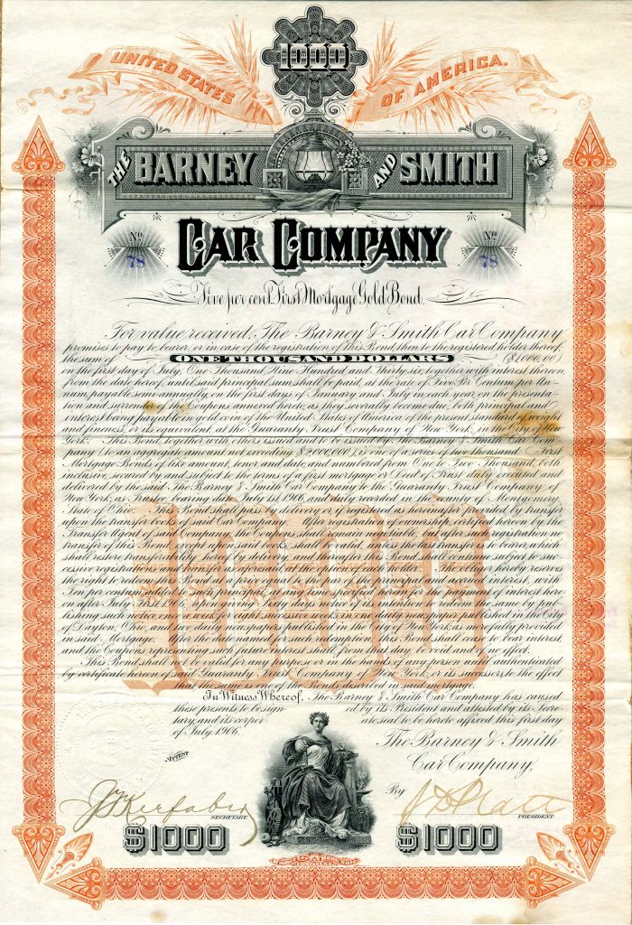 Barney and Smith Car Co. - $1000 Bond