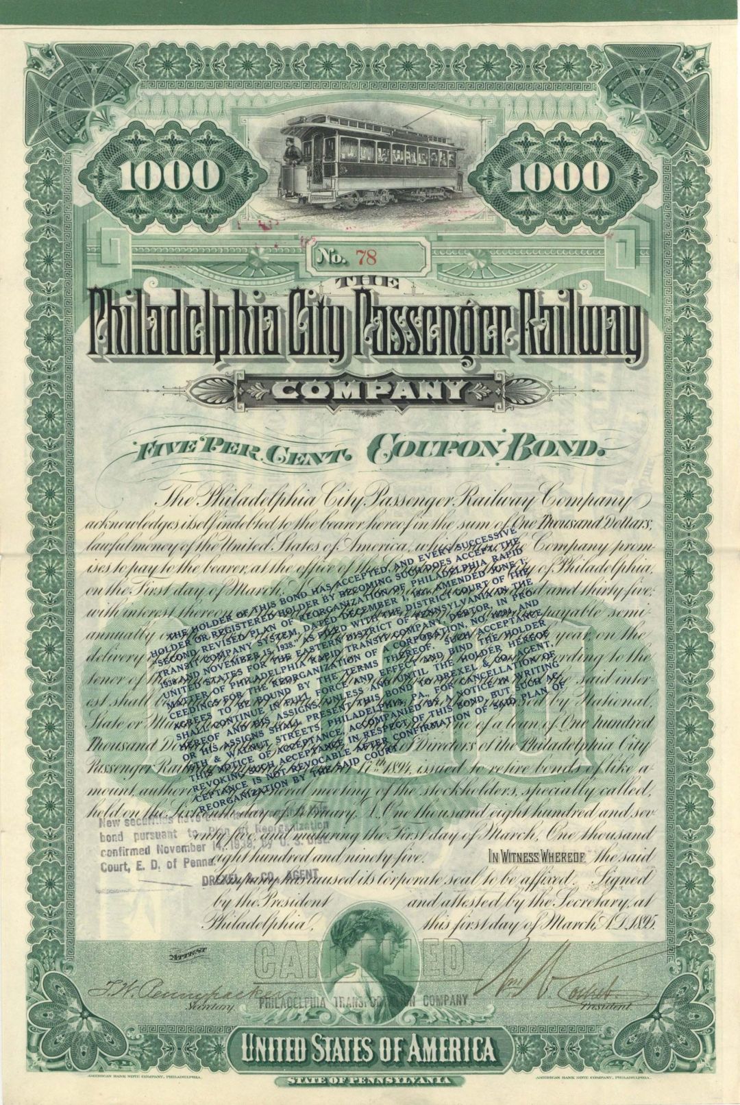 Philadelphia City Passenger Railway Co. - 1895 dated $1,000 Bond