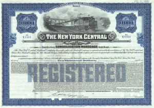 New York Central Railroad Co. - 1913 dated $10,000 or $5,000 Railway Gold Bond - Please Specify Type Needed
