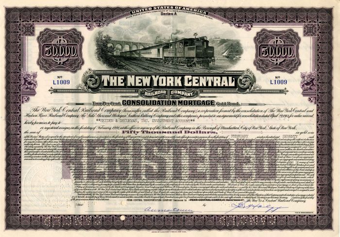 New York Central Railroad Co. - Fully Issued $50,000 Gold Bond