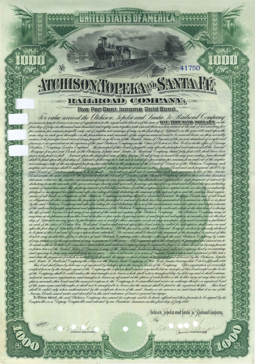 Atchison, Topeka and Santa Fe Railroad Co. - dated 1889 $1,000 Railway Gold Bond - Rare Green Type